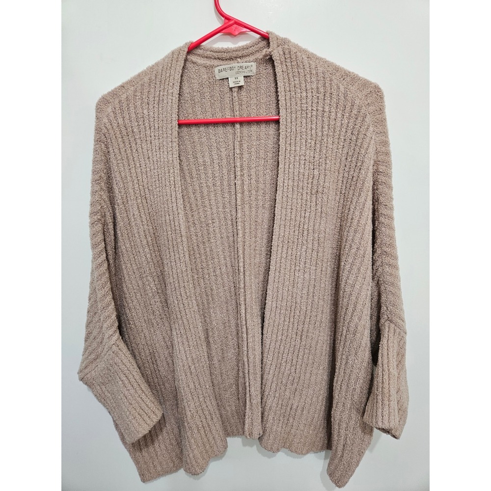 Barefoot Dreams CozyChic Lite Ribbed Cardigan Tan Open Front Sweater 1X QVXCL118